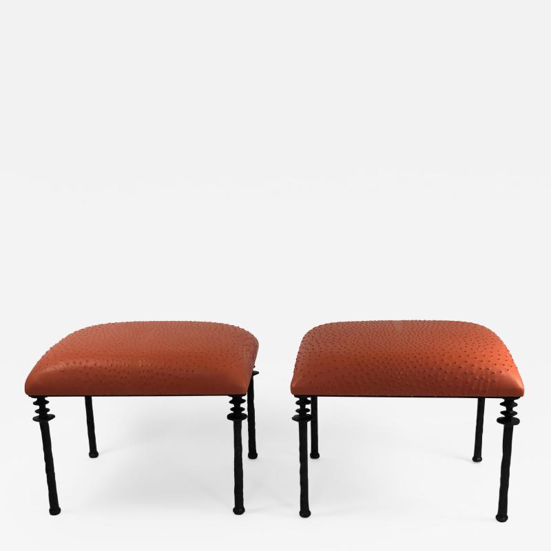  Bourgeois Boheme Atelier Pair of Sorgue Stools Tangerine Ostrich Leather