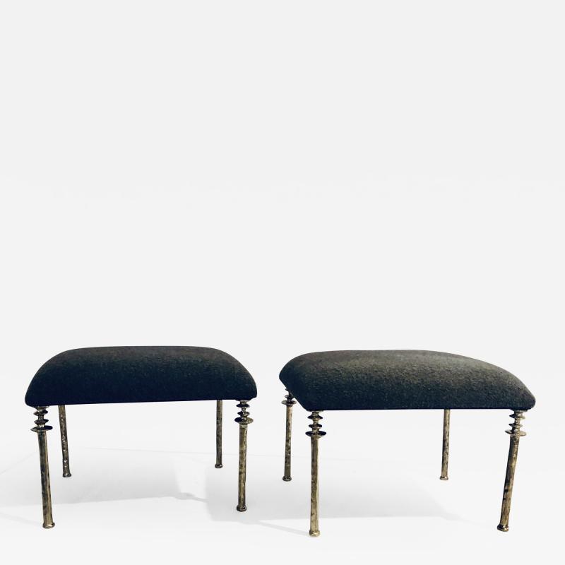  Bourgeois Boheme Atelier Pair of Sorgue Stools White Bronze with Grey Cashmere Cushions 