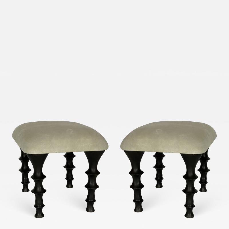  Bourgeois Boheme Atelier Pair of St Paul Stools Green Tea Suede Cushions