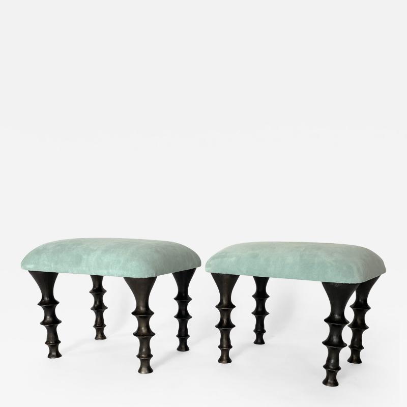  Bourgeois Boheme Atelier Pair of St Paul Stools Sea Foam Suede Cushions