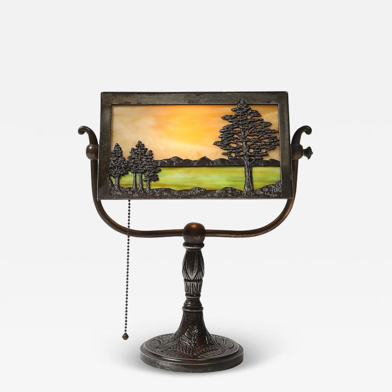  Bradley Hubbard Manufacturing Company Arts and Crafts Bronze Bradley Hubbard Scenic Slag Glass Paneled Table Lamp