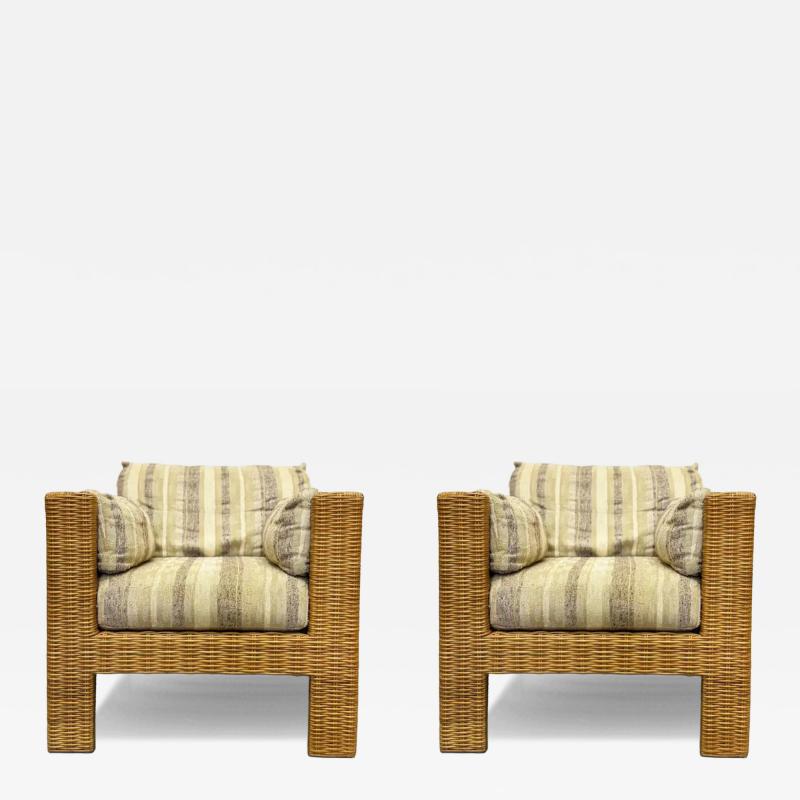  Brown Jordan Furniture Vintage Brown Jordan Woven Wicker Cube Club Chairs Pair with Cushions Marked