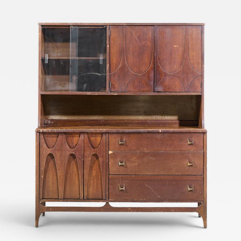  Broyhill Brasilia Broyhill Brasilia Mid Century Walnut and Brass Offset Credenza and Hutch