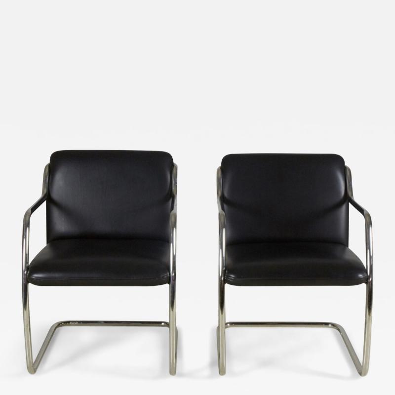  Brueton Pair Of Brueton Contemporary Black Leather And Steel Tube Frame Armchairs