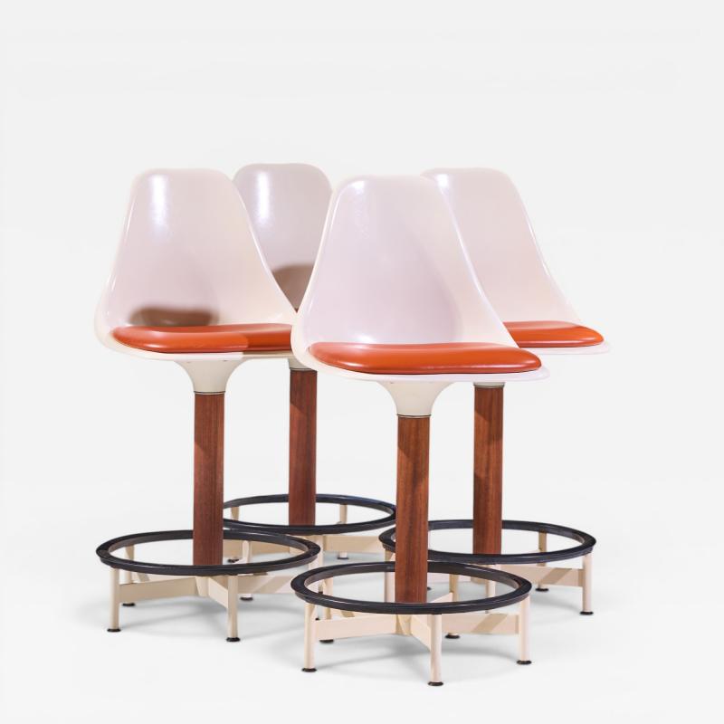  Burke Eero Saarinen Style Burke Mid Century Walnut and Fiberglass Barstools Set of 4