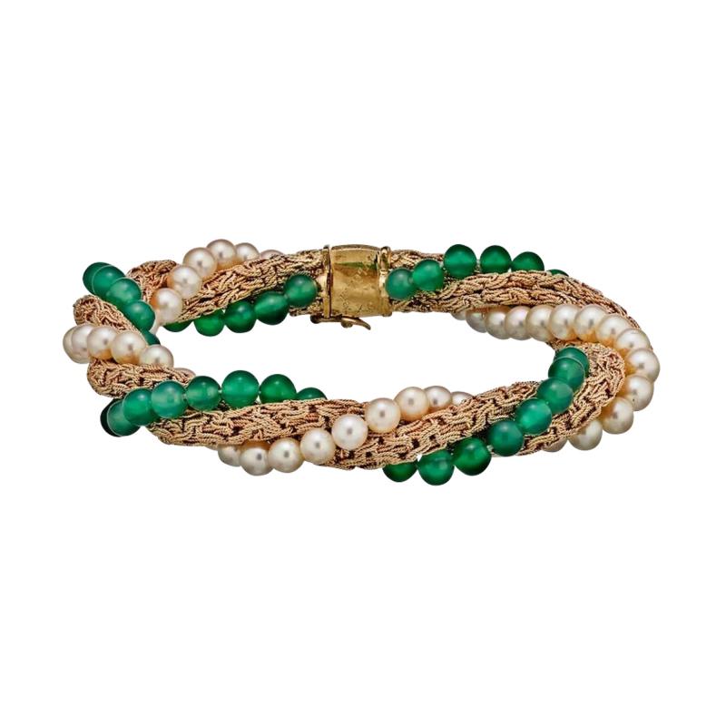  Bvlgari Bulgari BVLGARI 18K YELLOW GOLD CHRYSOPRASE PEARL TORSADE BRACELET