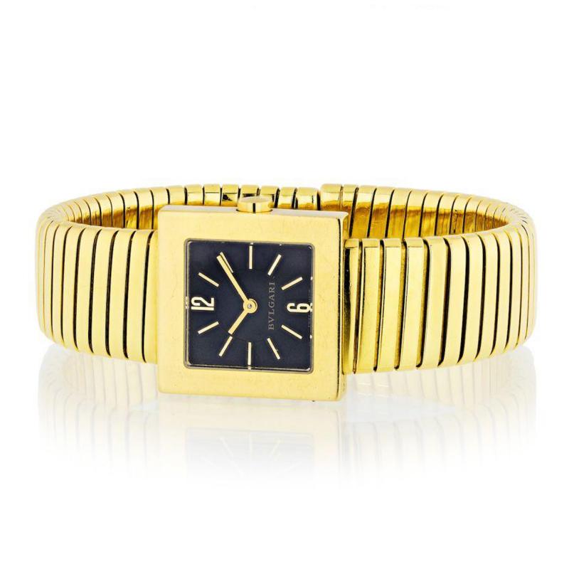  Bvlgari Bulgari BVLGARI TUBOGAS 18K YELLOW GOLD BLACK SQUARE DIAL VINTAGE WATCH