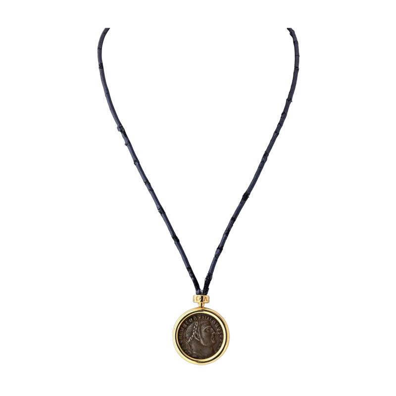  Bvlgari Bulgari Bvlgari 18K Yellow Gold Coin Pendant on Leather Cord with Gold Rondelles