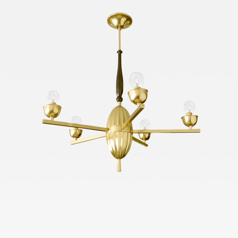  C G Hallberg SWEDISH ART DECO BRASS FIVE ARM CHANDELIER WITH OVOID FORM