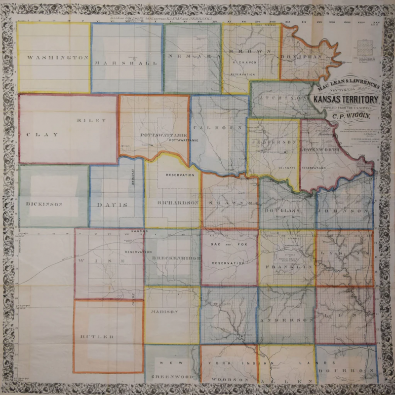  C P Wiggin C P WIGGIN MACLEAN AND LAWRENCES SECTIONAL MAP OF KANSAS TERRITORY 