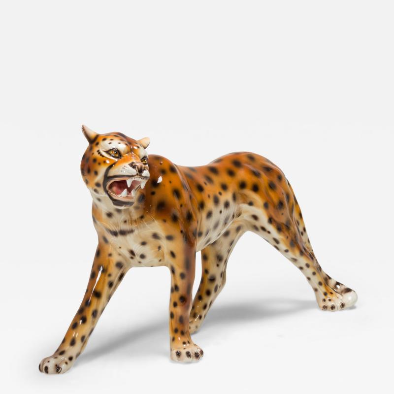  Capodimonte Italian Glazed Porcelain Striding Leopard Sculpture manner of Capodimonte 