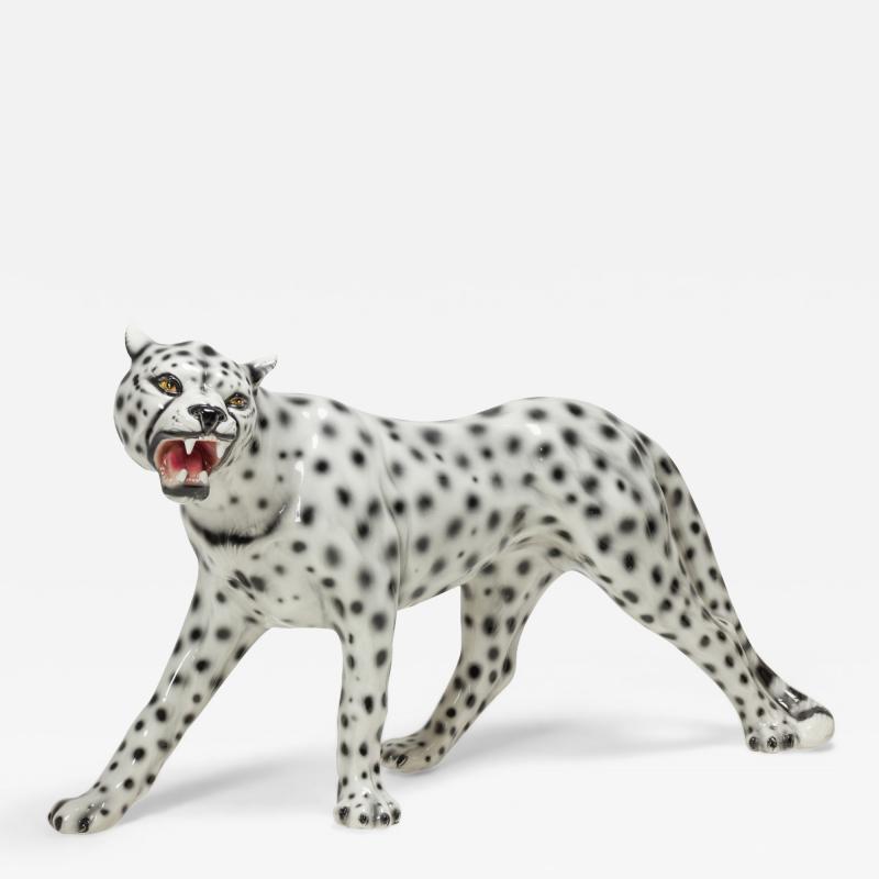  Capodimonte Italian Glazed Porcelain Striding Snow Leopard manner of Capodimonte 