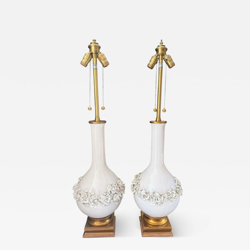  Capodimonte Pair of Mid Century Modern White Majolica Table Lamps