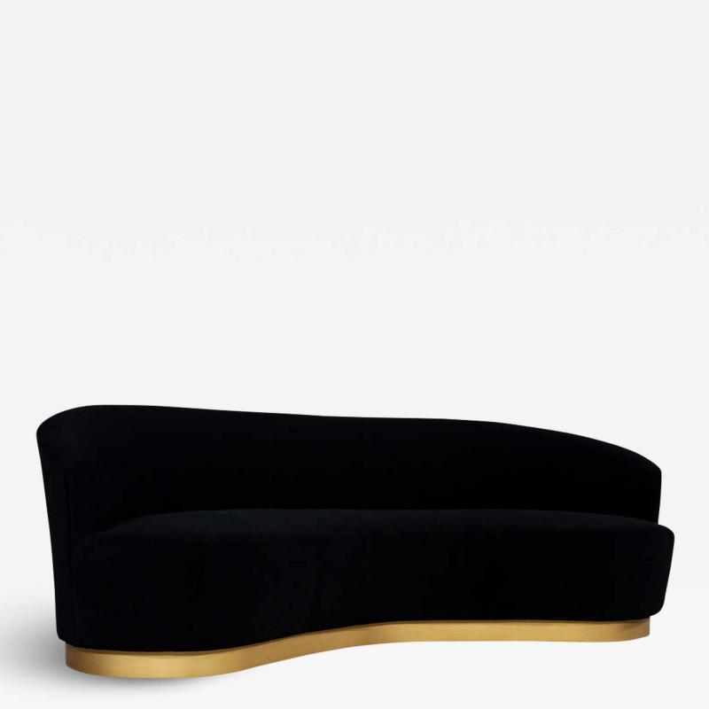  Carrocel Interiors Custom Modern Black Velvet Sofa with Gold Leaf Base