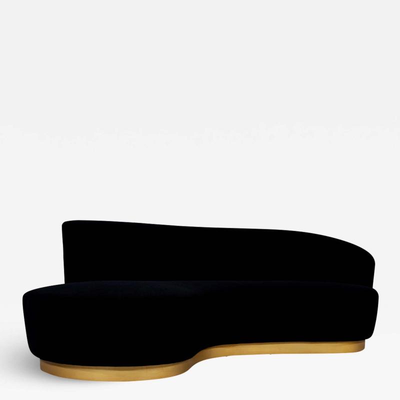  Carrocel Interiors Custom Modern Black Velvet Sofa with Gold Leaf Base