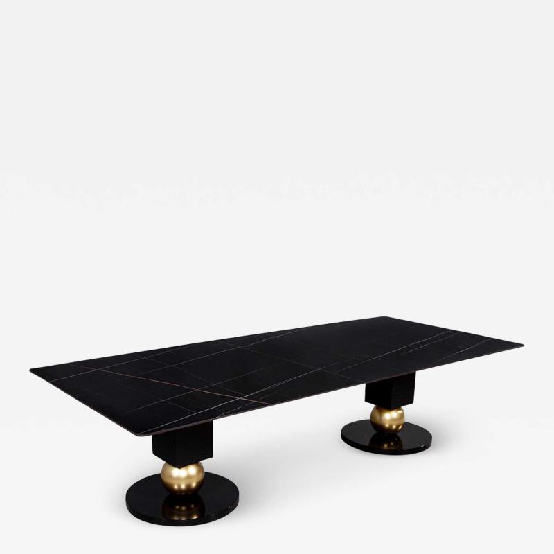  Carrocel Interiors Custom Modern Porcelain Black Dining Table with Geometric Pedestals