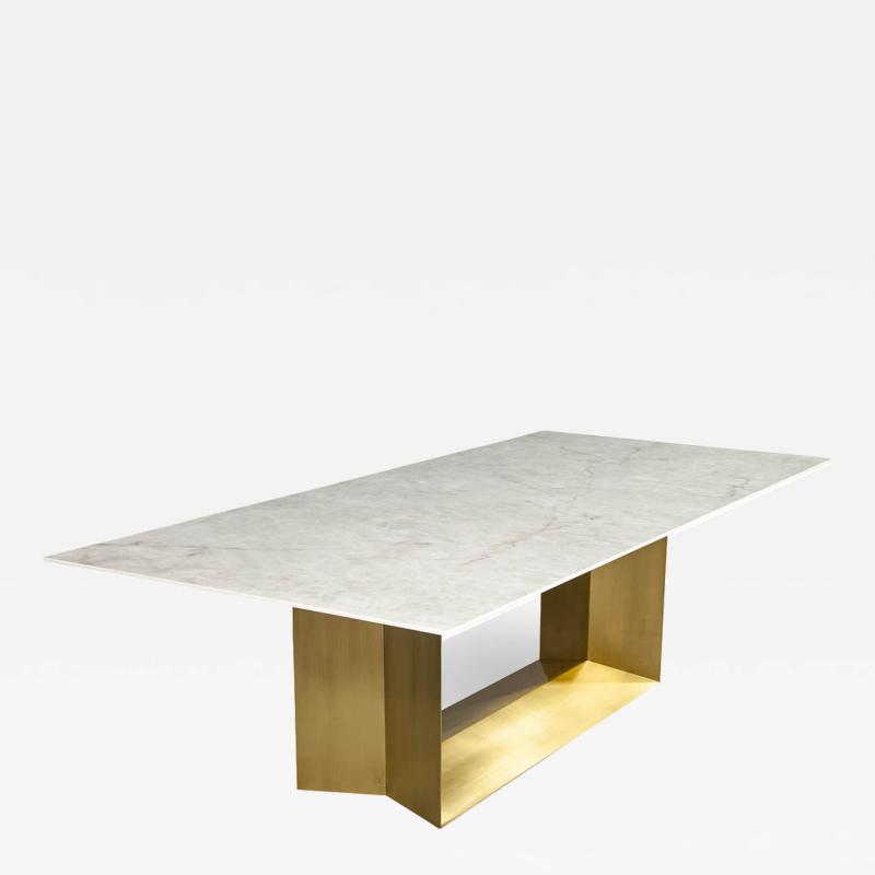  Carrocel Interiors Custom Modern Porcelain Dining Table with Crystal Ice Top and Brass Angled Base