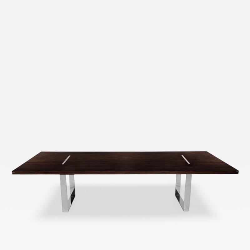  Carrocel Interiors Custom Modern Walnut Dining Table with Stainless Steel Pedestals