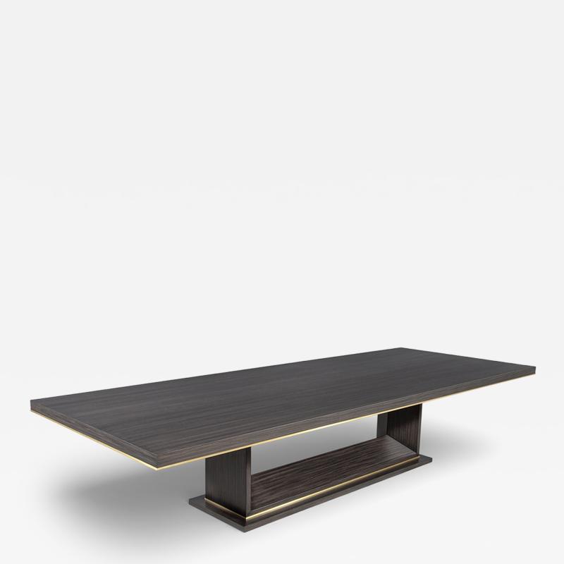  Carrocel Interiors Custom Walnut Dining Table in Grey with V Base and Brass Accents by Carrocel