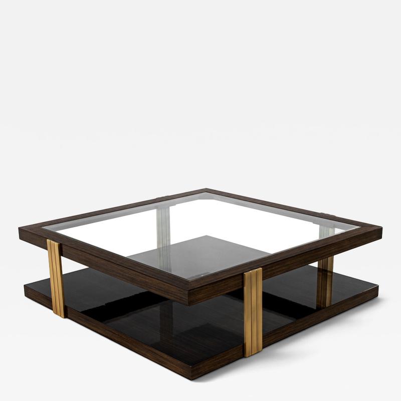  Carrocel Interiors Custom Walnut and Brass Coffee Table Art Deco Inspired Two Tier Design