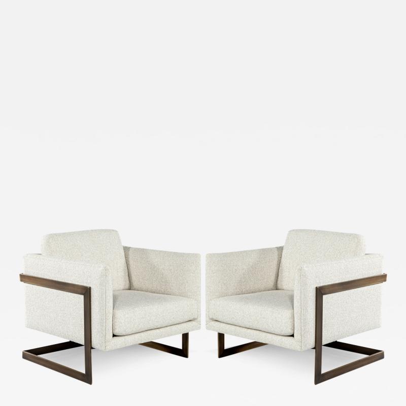  Carrocel Interiors Pair of Custom Linen Lounge Chairs with Antiqued Brass Frames by Carrocel