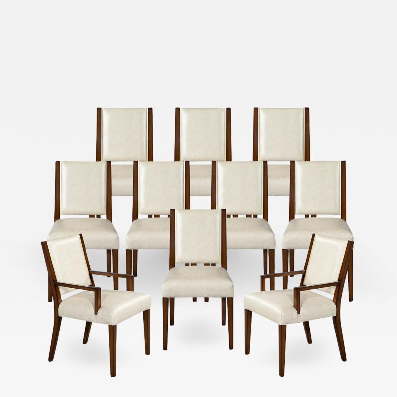  Carrocel Interiors Set of 10 Custom Modern Leather Dining Chairs with Brass