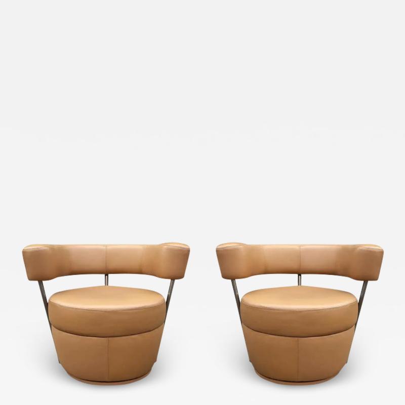  Carsons Pair of Mid Century Italian Leather Post Modern Swivel Lounge Chairs by Carsons