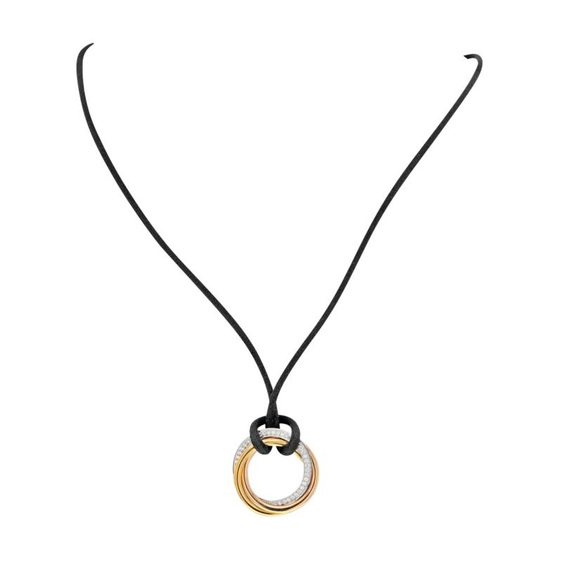  Cartier CARTIER 18K TRI COLOR TRINITY WITH DIAMONDS PENDANT ON A BLACK CORD NECKLACE