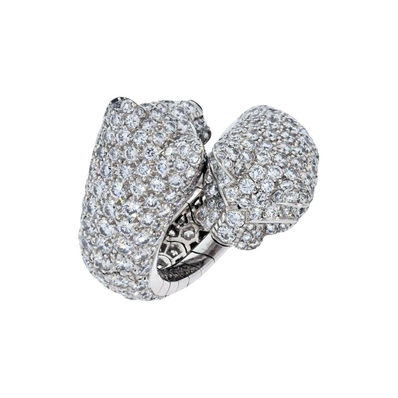  Cartier CARTIER 18K WHITE GOLD LAKARDA DOUBLE PANTHERE HEAD PAVED DIAMOND RING