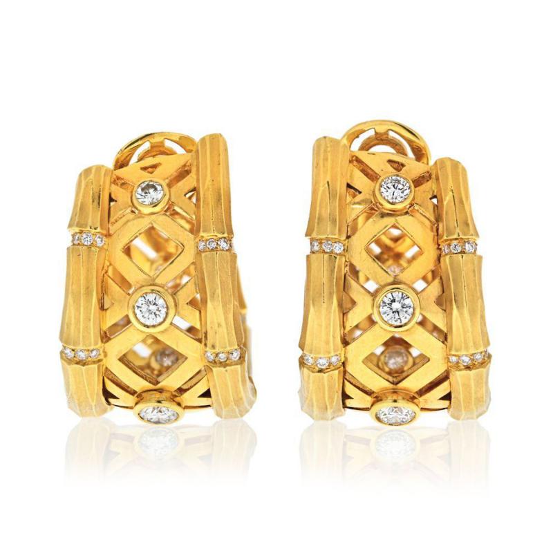  Cartier CARTIER 18K YELLOW GOLD BAMBOO 1 50 CARATS DIAMOND HUGGIE EARRINGS