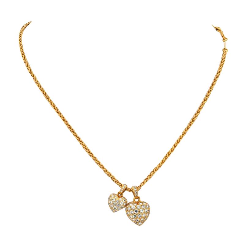  Cartier CARTIER 18K YELLOW GOLD TWO DIAMOND HEART CHARMS ON A CHAIN NECKLACE