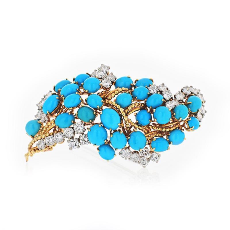  Cartier CARTIER 1960S 18K YELLOW GOLD TURQUOISE DIAMOND VINTAGE BROOCH