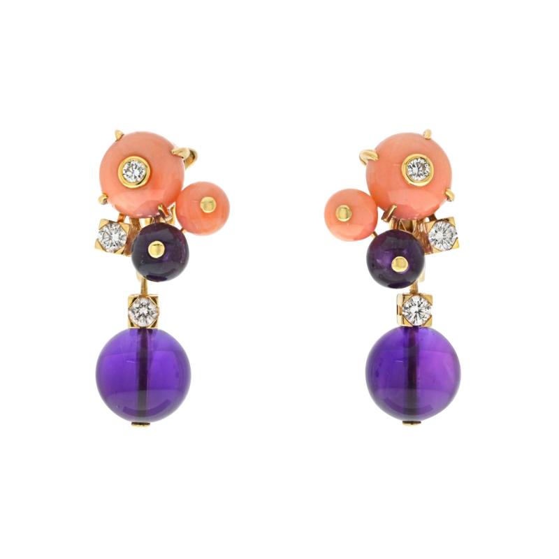  Cartier CARTIER DELICES DE GOA 18K YELLOW GOLD DIAMOND CORAL AMETHYST EARRINGS