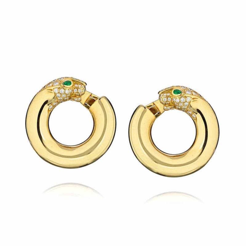  Cartier CARTIER PANTHERE 18K YELLOW GOLD DIAMOND HOOP EARRINGS