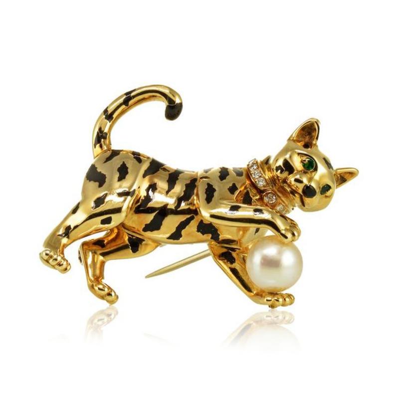  Cartier CARTIER PANTHERE 18K YELLOW GOLD FRENCH DIAMOND PEARL CAT BROOCH