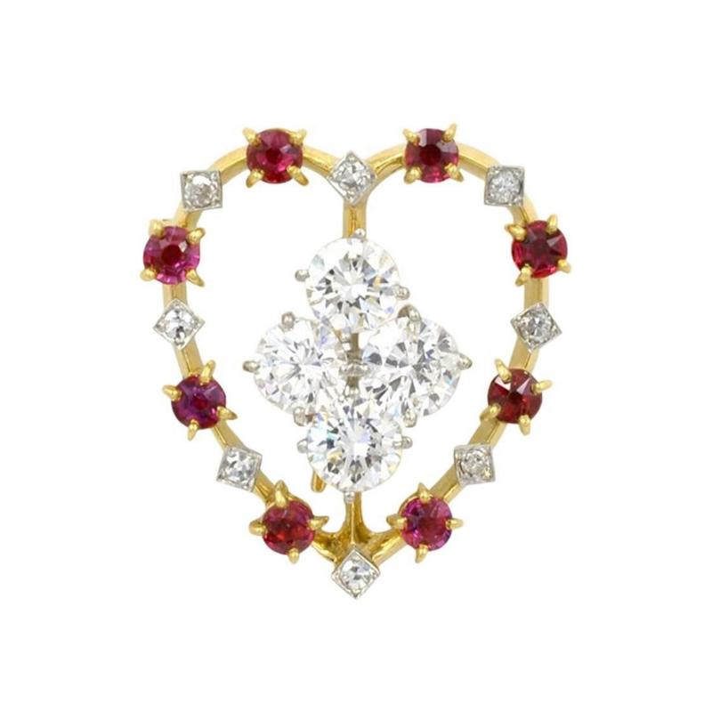  Cartier CARTIER RUBY AND DIAMOND PLATINUM AND 18K GOLD HEART BROOCH