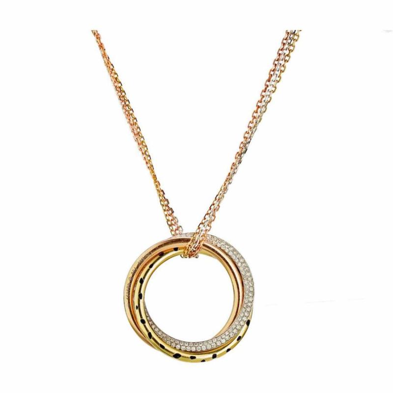  Cartier CARTIER TRINITY 18K TRI COLOR DIAMOND LACQUER CIRCLE ON TRIPLE CHAIN PENDANT