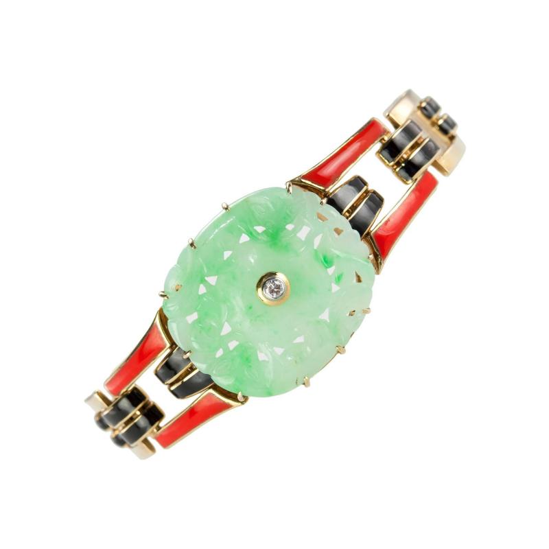  Cartier Cartier Art Deco Jade and Enamel Gold Bracelet