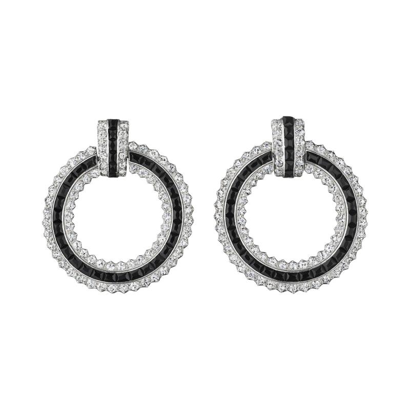  Cartier Cartier Attributed Art Deco Onyx and Diamond Hoop Earrings