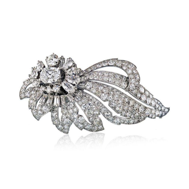  Cartier PLATINUM FOLIATE DESIGN WITH CENTER CUSHION CUT DIAMOND 1 35 E VS2 GIA BROOCH