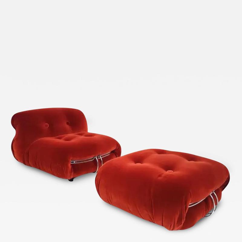  Cassina Orange Soriana Lounge Chair and Ottoman by Aftra Tobia Scarpa for Cassina