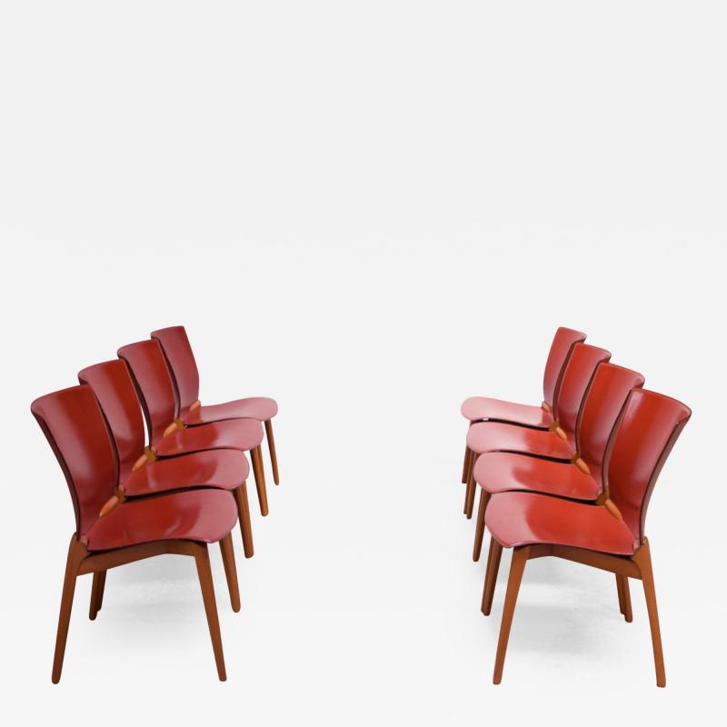  Cassina Set of Eight Josep Llusca Cos Chairs for Cassina in Red Leather and Beechwood