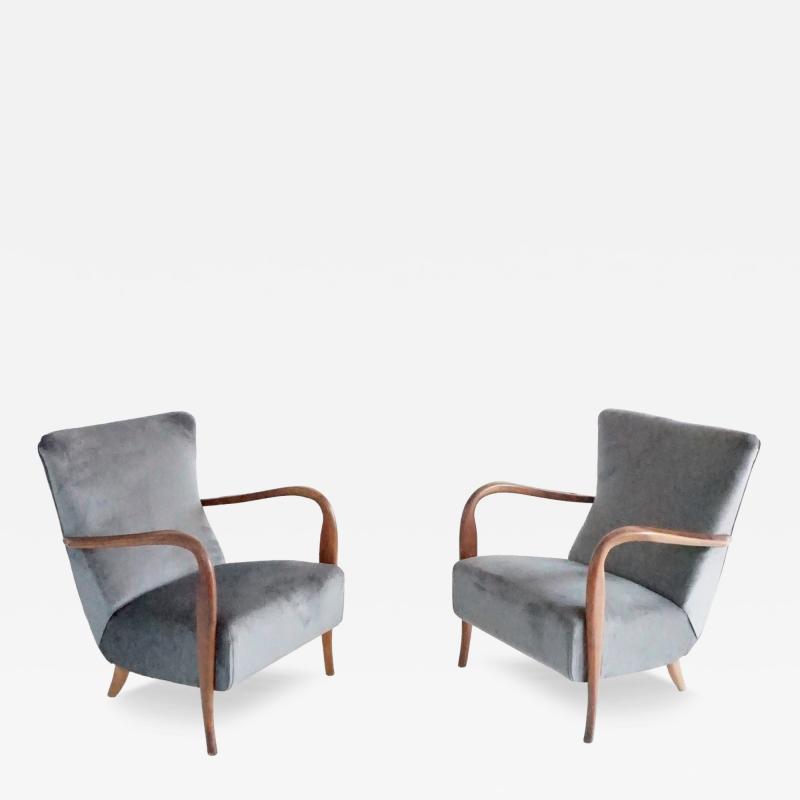  Cassina pair of wood and grey velvet armchairs mod 401 from Cassina Meda 1940
