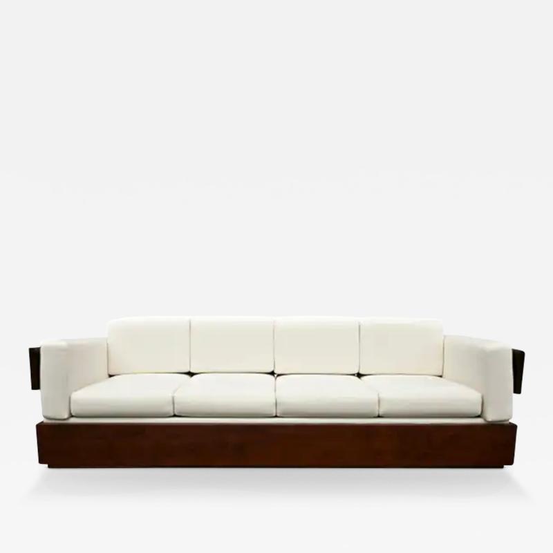  Celina Brazilian Modern Sofa in Hardwood and White Linen by Celina Brazil c 1960