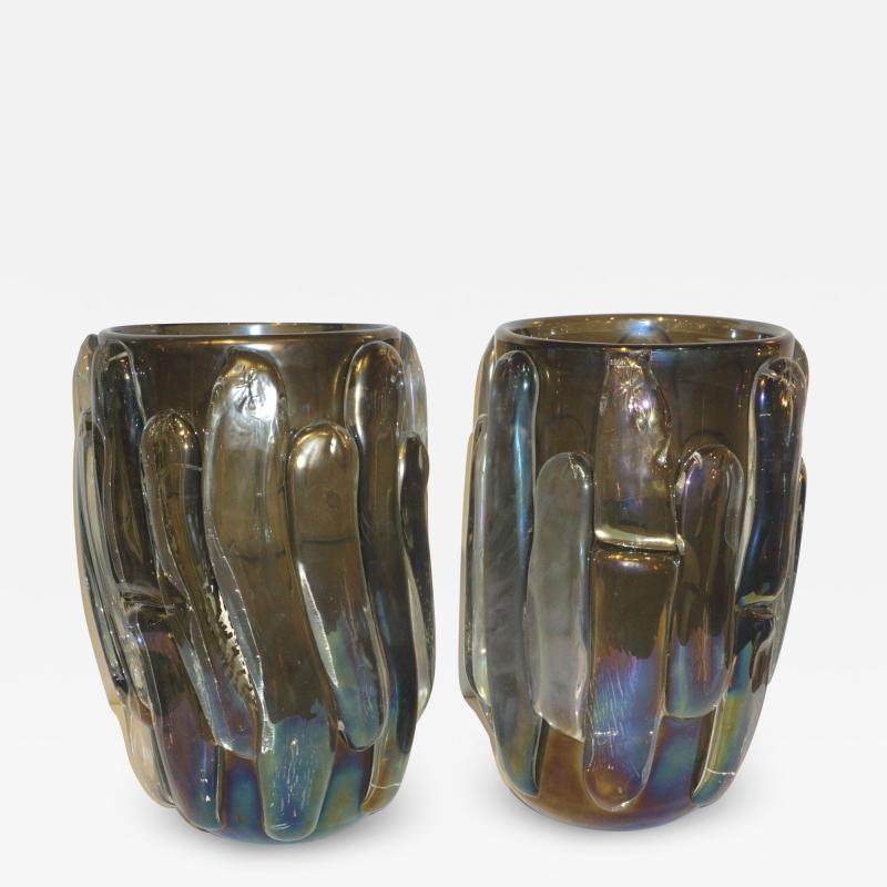  Cenedese Cenedese Italian Modern Pair of Iridescent Black Smoked Murano Glass Vases