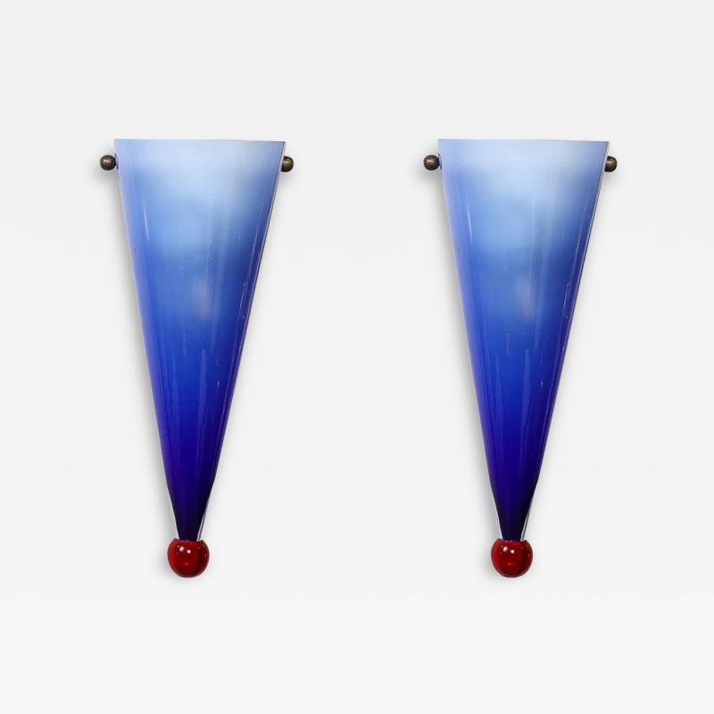  Cenedese Mid Century Hand Blown Periwinkle Murano Glass Conical Sconces signed Cenedese