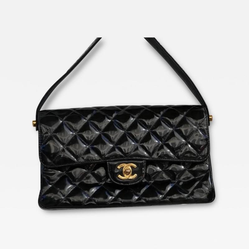  Chanel Chanel 1996 Black Patent Quilted Medium Double Charm CC 24K Flap Handbag Purse