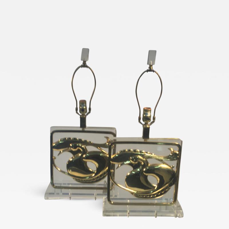 Chapman Manufacturing Company Exceptional Pair of Stylized Brass Egret and Fish Design Lucite Lamps