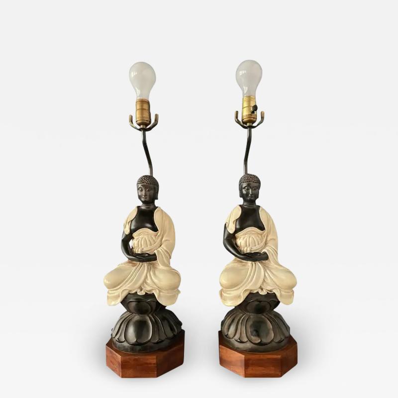  Chapman Mfg Co Chapman Pair Ceramic Table Lamps of Sitting Buddhas on Rosewood Base Mid Century