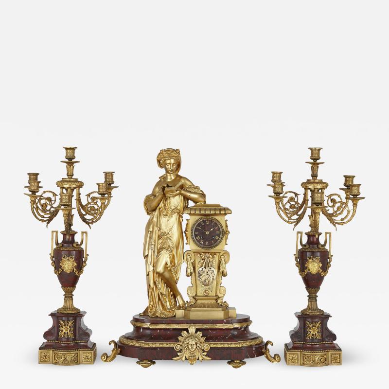  Charpentier Compagnie French red marble and gilt bronze Neoclassical style matched clock set